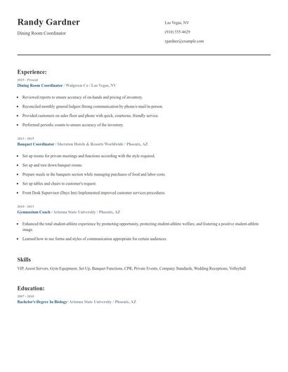 Dining Room Coordinator Resume