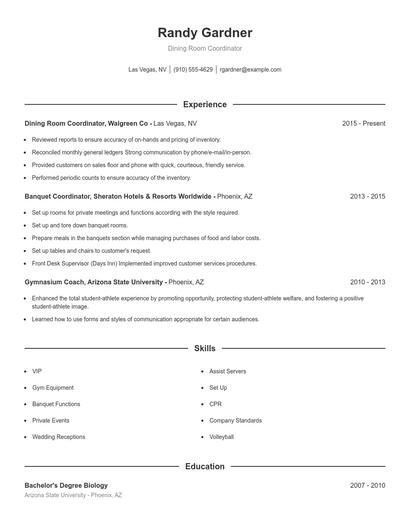 Dining Room Coordinator Resume