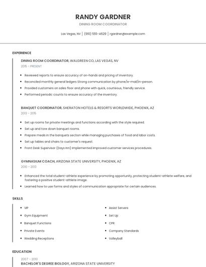 Dining Room Coordinator Resume