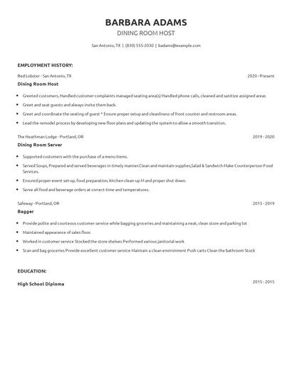 Dining Room Host Resume