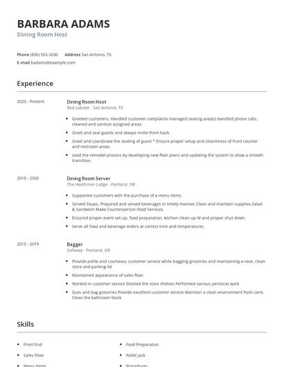 Dining Room Host Resume