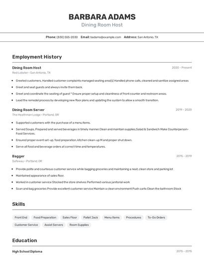 Dining Room Host Resume
