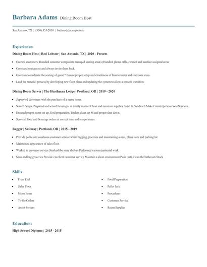 Dining Room Host Resume