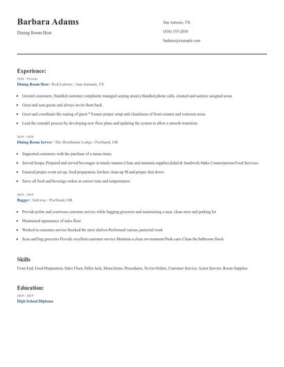 Dining Room Host Resume
