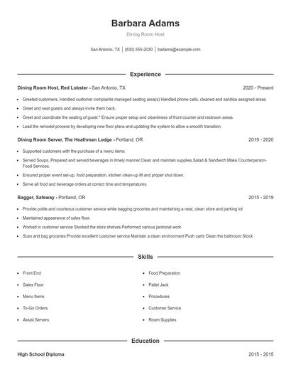 Dining Room Host Resume