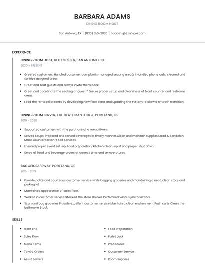 Dining Room Host Resume