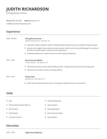 Dining Room Server Resume