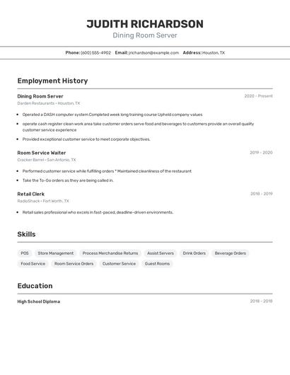 Dining Room Server Resume