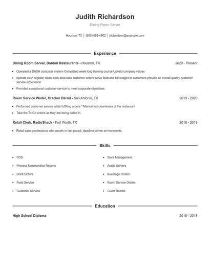 Dining Room Server Resume