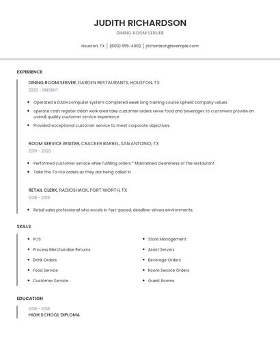 Dining Room Server Resume