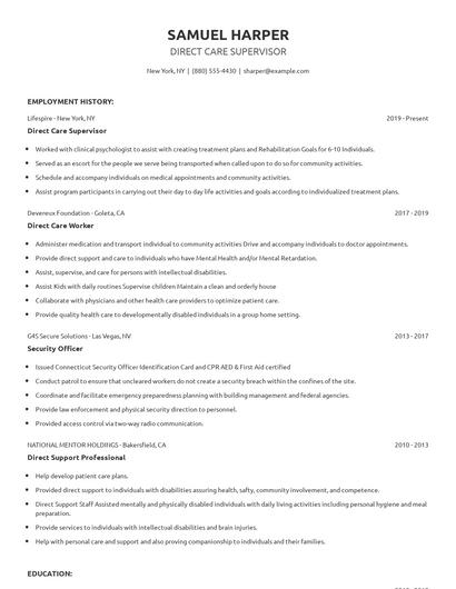 Direct Care Supervisor Resume