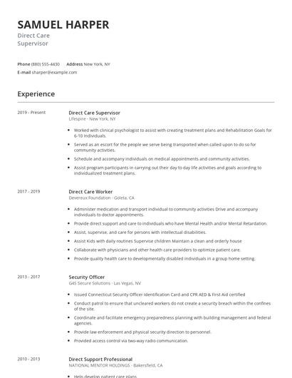 Direct Care Supervisor Resume