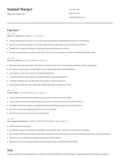 Direct Care Supervisor Resume