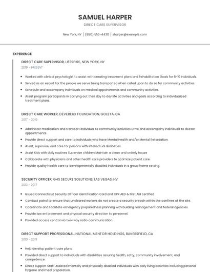 Direct Care Supervisor Resume