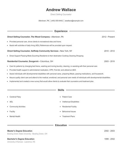 Direct Selling Counselor Resume