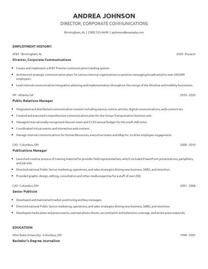 Director, Corporate Communications Resume