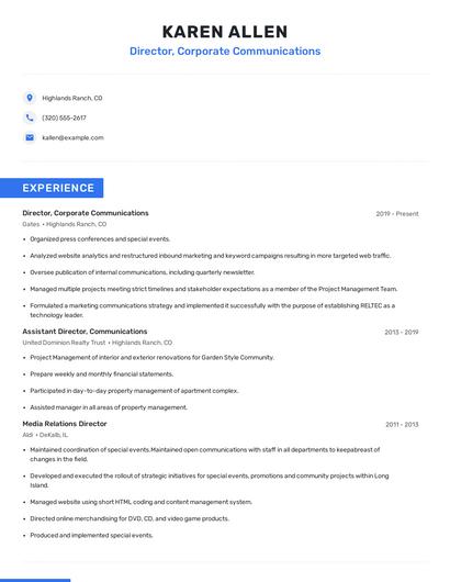Director, Corporate Communications Resume