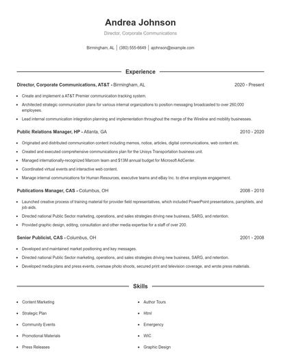 Director, Corporate Communications Resume