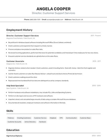 Director, Customer Support Services Resume