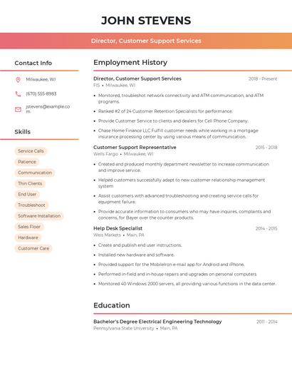 Director, Customer Support Services Resume