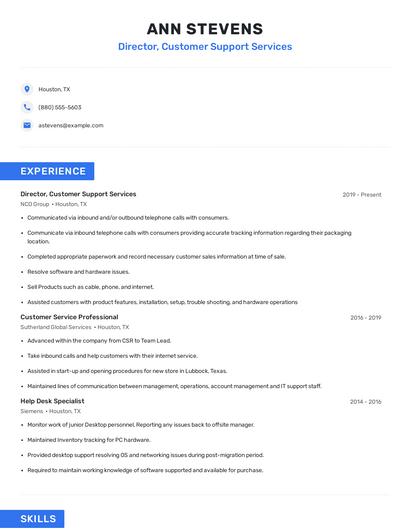 Director, Customer Support Services Resume