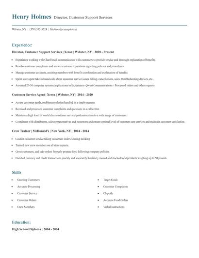 Director, Customer Support Services Resume
