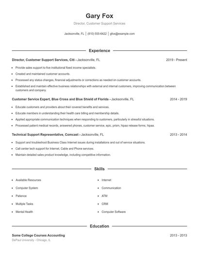 Director, Customer Support Services Resume