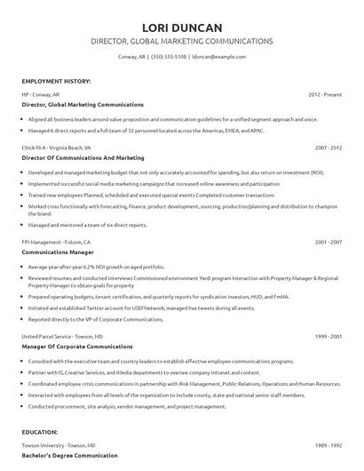 Director, Global Marketing Communications Resume