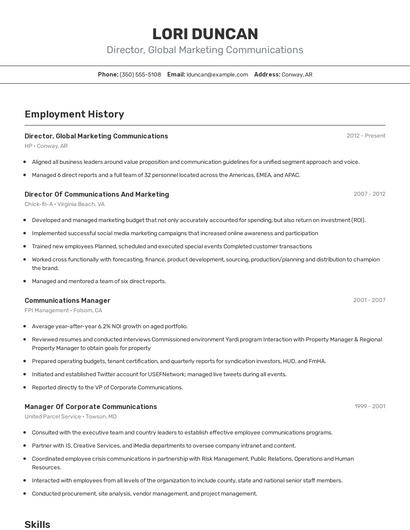 Director, Global Marketing Communications Resume