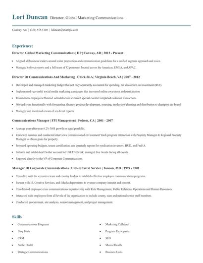 Director, Global Marketing Communications Resume