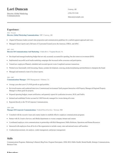 Director, Global Marketing Communications Resume