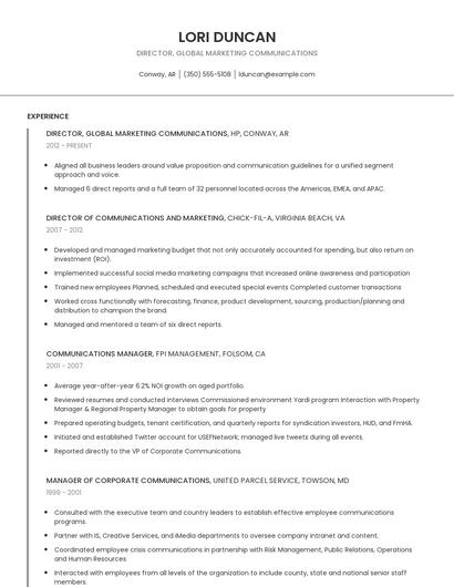 Director, Global Marketing Communications Resume