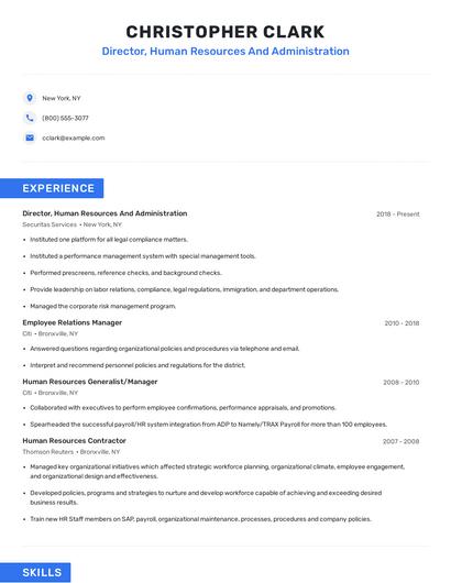 Director, Human Resources And Administration Resume