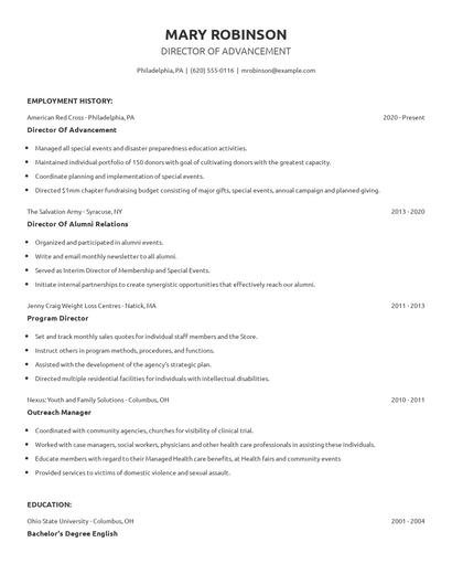 Director Of Advancement Resume