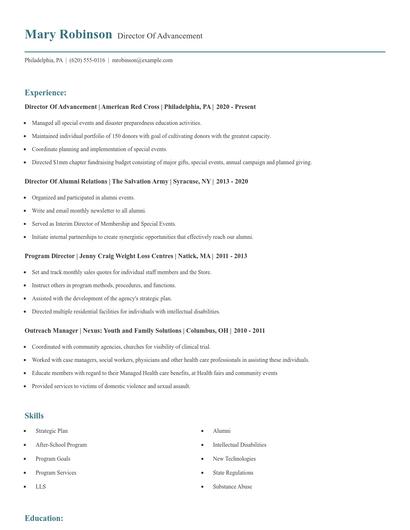 Director Of Advancement Resume