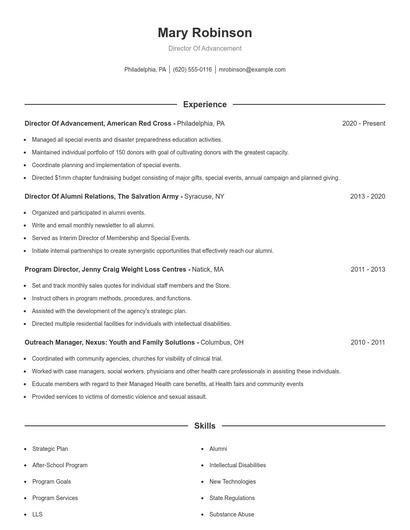 Director Of Advancement Resume
