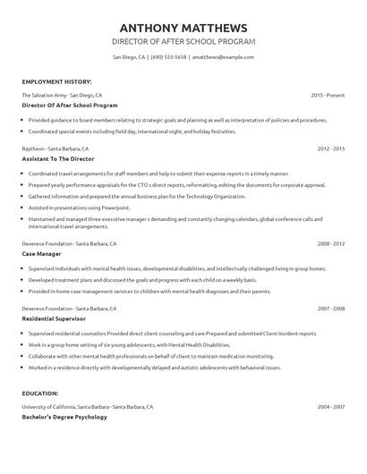 Director Of After School Program Resume
