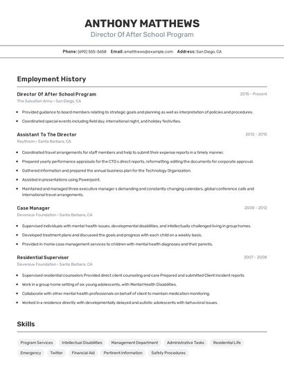 Director Of After School Program Resume