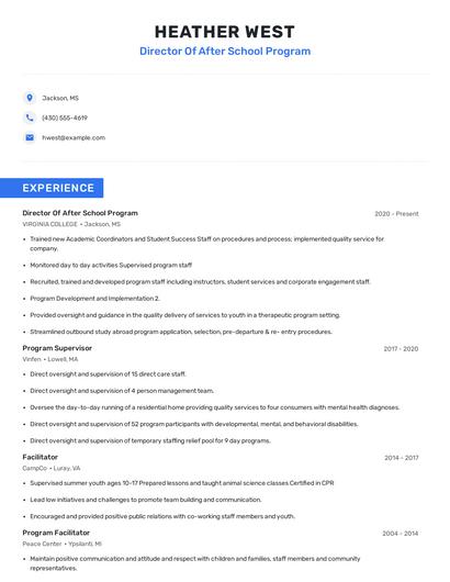 Director Of After School Program Resume