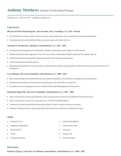 Director Of After School Program Resume