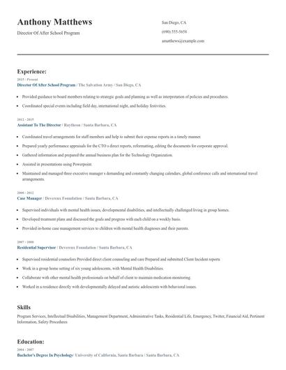 Director Of After School Program Resume