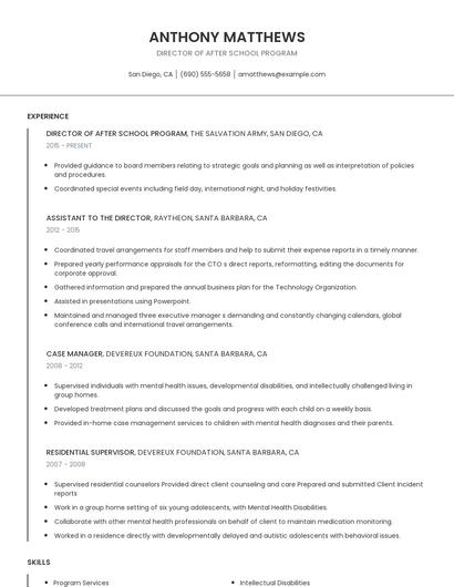 Director Of After School Program Resume