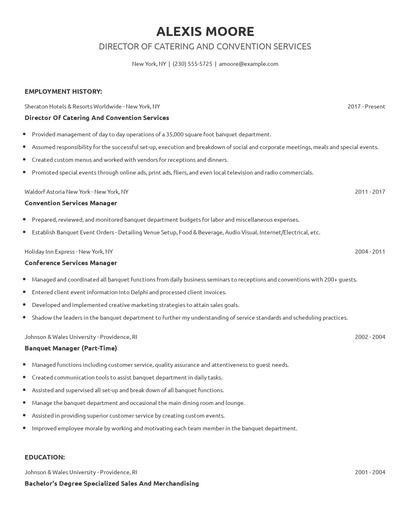 Director Of Catering And Convention Services Resume