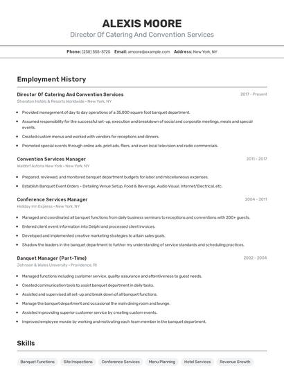 Director Of Catering And Convention Services Resume