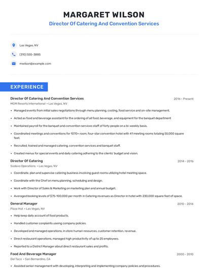Director Of Catering And Convention Services Resume
