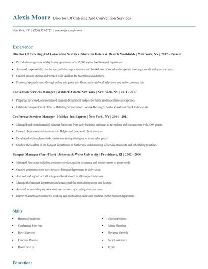 Director Of Catering And Convention Services Resume