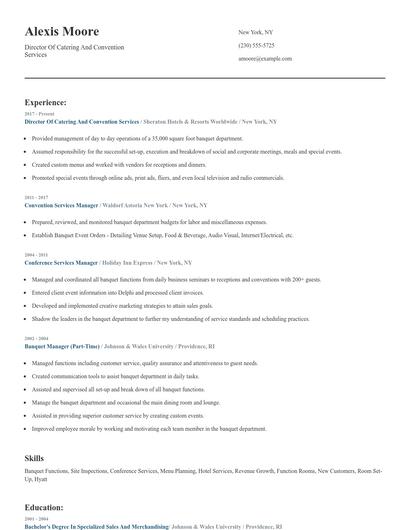 Director Of Catering And Convention Services Resume