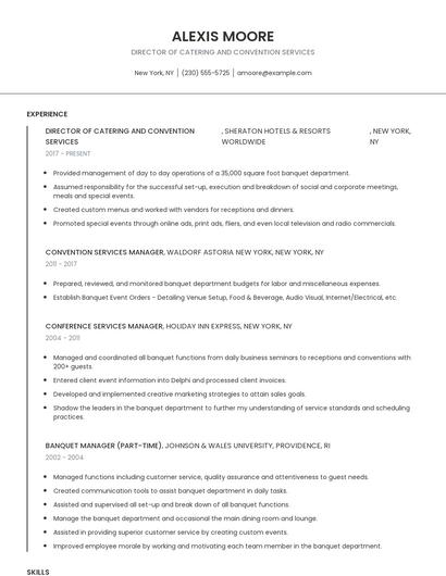 Director Of Catering And Convention Services Resume