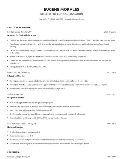 Director Of Clinical Education Resume
