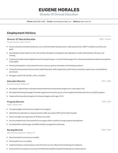 Director Of Clinical Education Resume